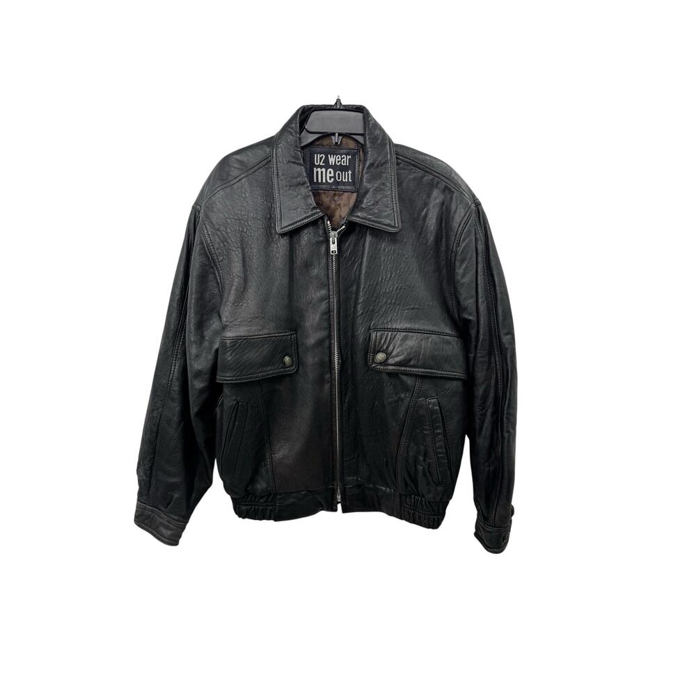 U2 Wear Me Out Vintage Black CLASSIC Leather Jacket Brown Paisley Liner Large